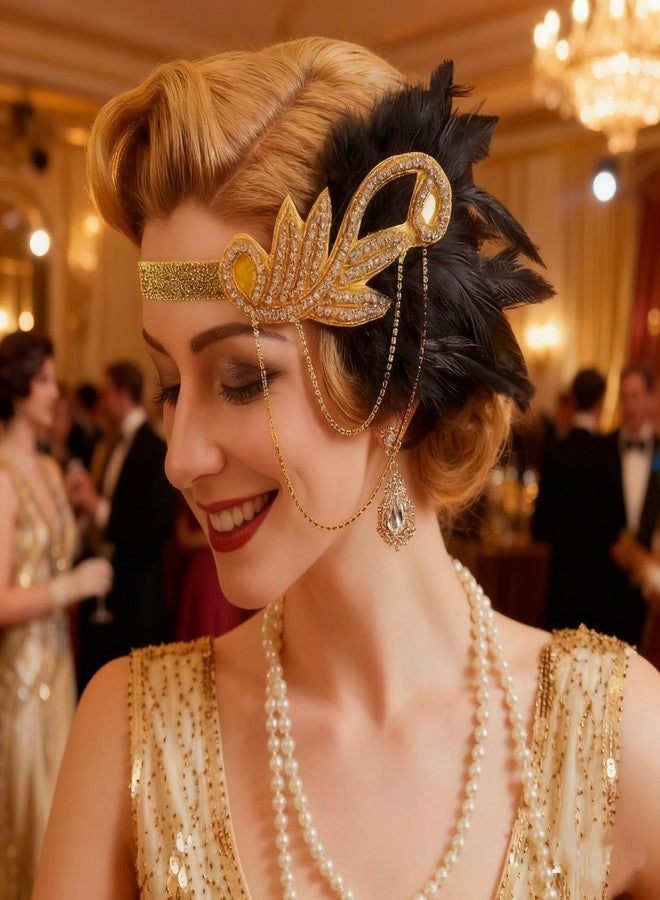 Tongcloud 1920s Flapper Feather Headband with Rhinestones Beaded Great Gatsby Headpiece for Women Showgirl Halloween Cosplay Party (Gold, Medium) - Image 5